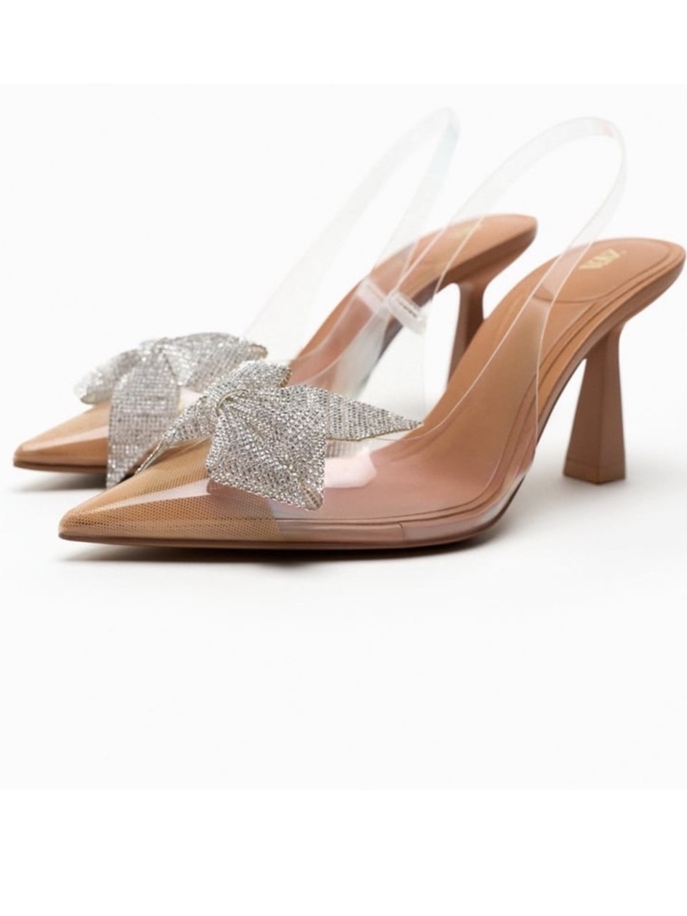 Zara Silver Rhinestone Bow Vinyl Heel Pump Sandals